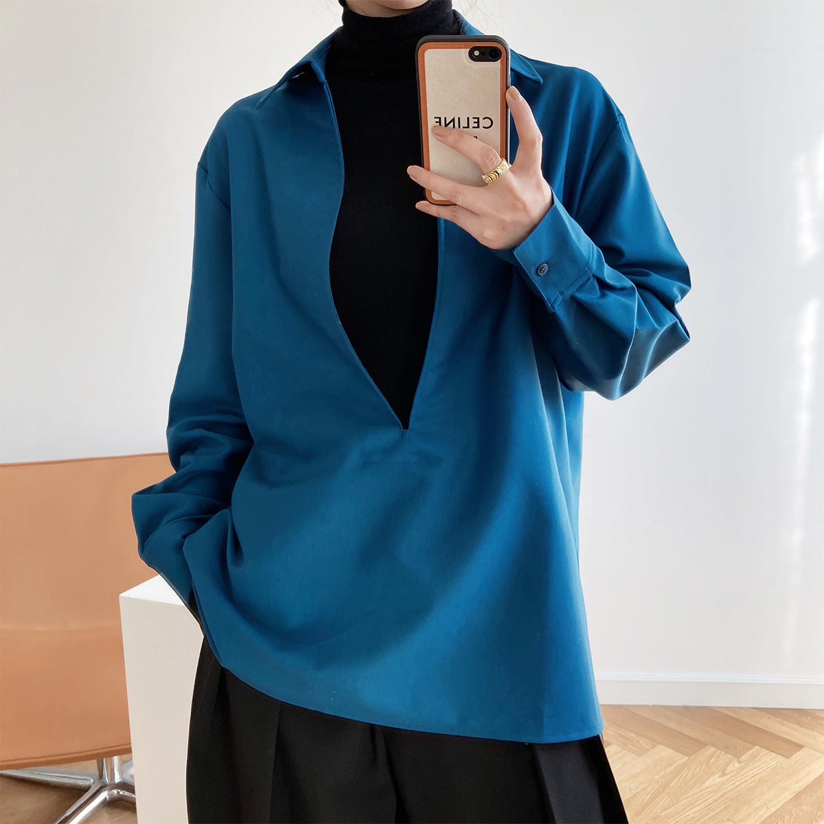 Luxi spring new design sense light ripe long-sleeved V-neck shirt women's fashion overlay top 677