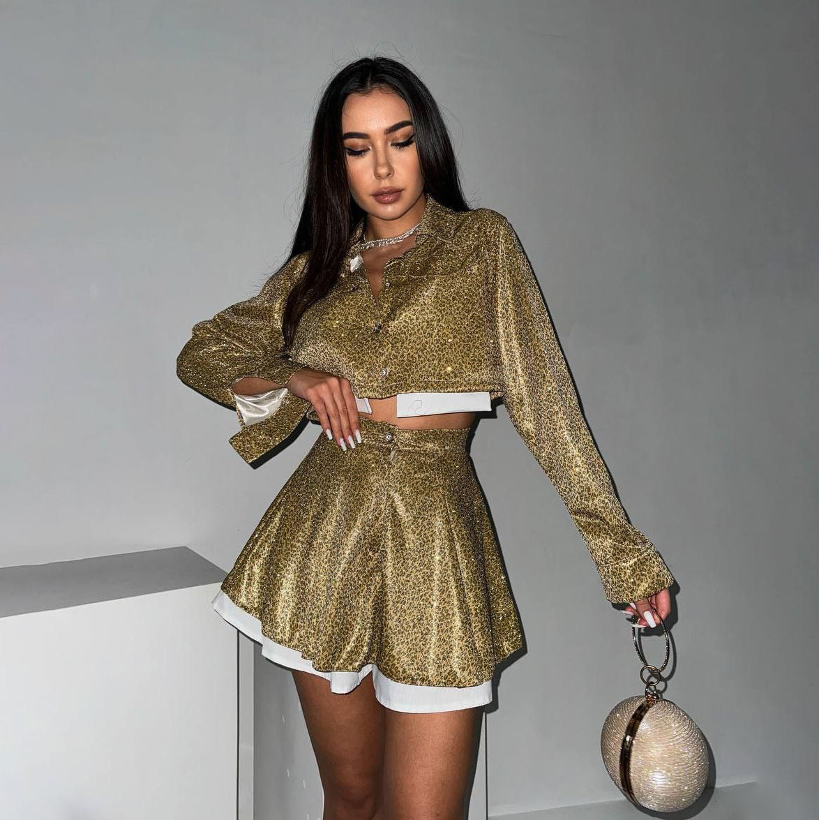 2025 New short navel bright silk fashion suit spring and summer new double-layer design suit skirt women's two-piece set