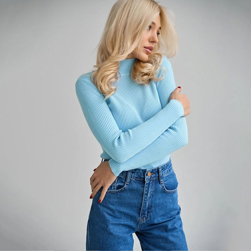 KKBOXLY Cross-border solid color semi-turtleneck sweater Europe, America and New autumn and winter women (24 colors in stock) slim-fit knitted bottoming shirt