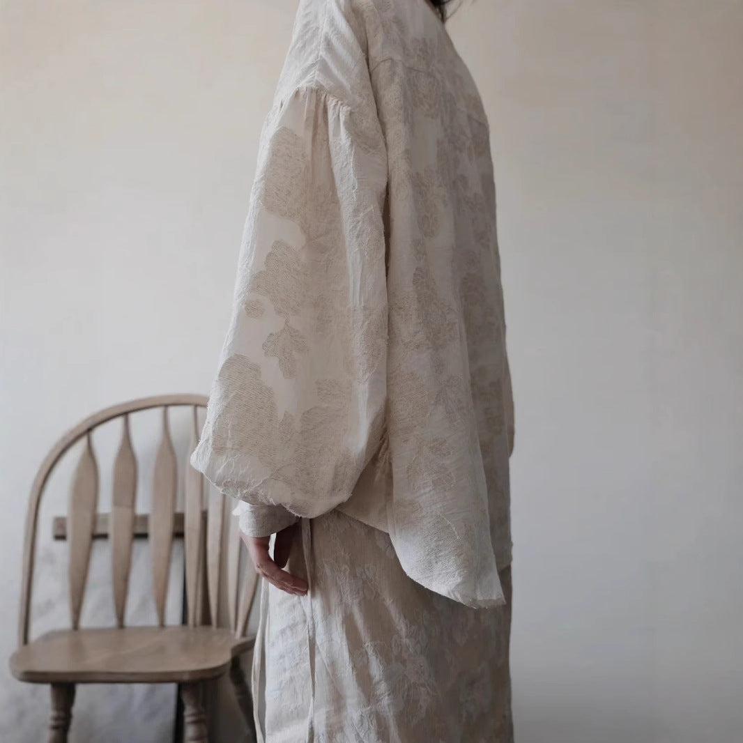 Set Spring cut lantern sleeve shirt B0217 two-piece set embroidered one-piece strap skirt B0218