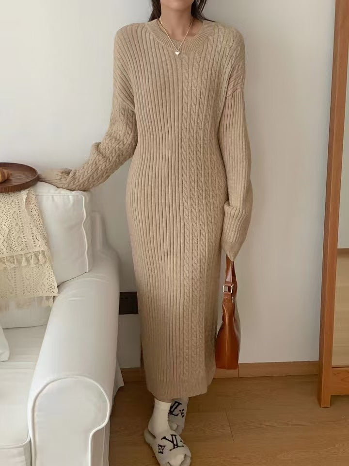 VLOVELAW retro crew neck twist knitted dress women's autumn and winter loose with coat sweater skirt with bottom long dress