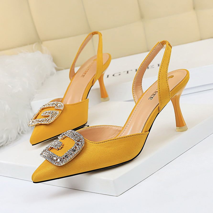 VLOVELAW 896-2 European and American Style Banquet Women's Shoes High Heel Low-Cut Pointed Toe Suede Hollow Back Strap Metal Rhinestone Buckle Sandals