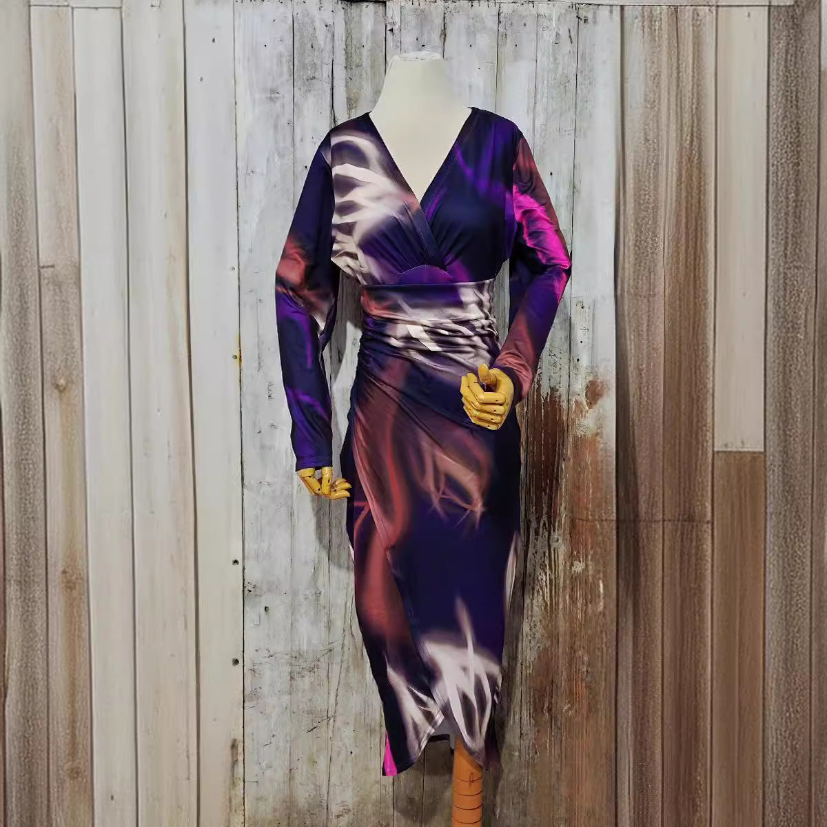 XIEYINSHE Fall European and American Cross-Border Foreign Trade New V-neck Fashion Printed Slim Fit Long Sleeve Narrow Dress