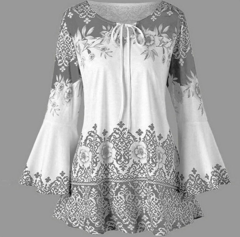 VLOVELAW European and American New Women's Clothing Printing Long Horn Sleeve Lace-up T-shirt Slim Long Sleeve plus Size Women's Clothing