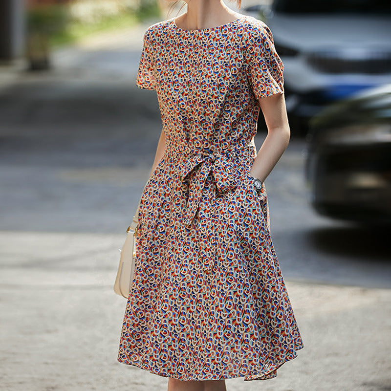 2025 Gentle floral skirt, high sense new printed summer women's clothing lace-up A-word medium and long dress summer