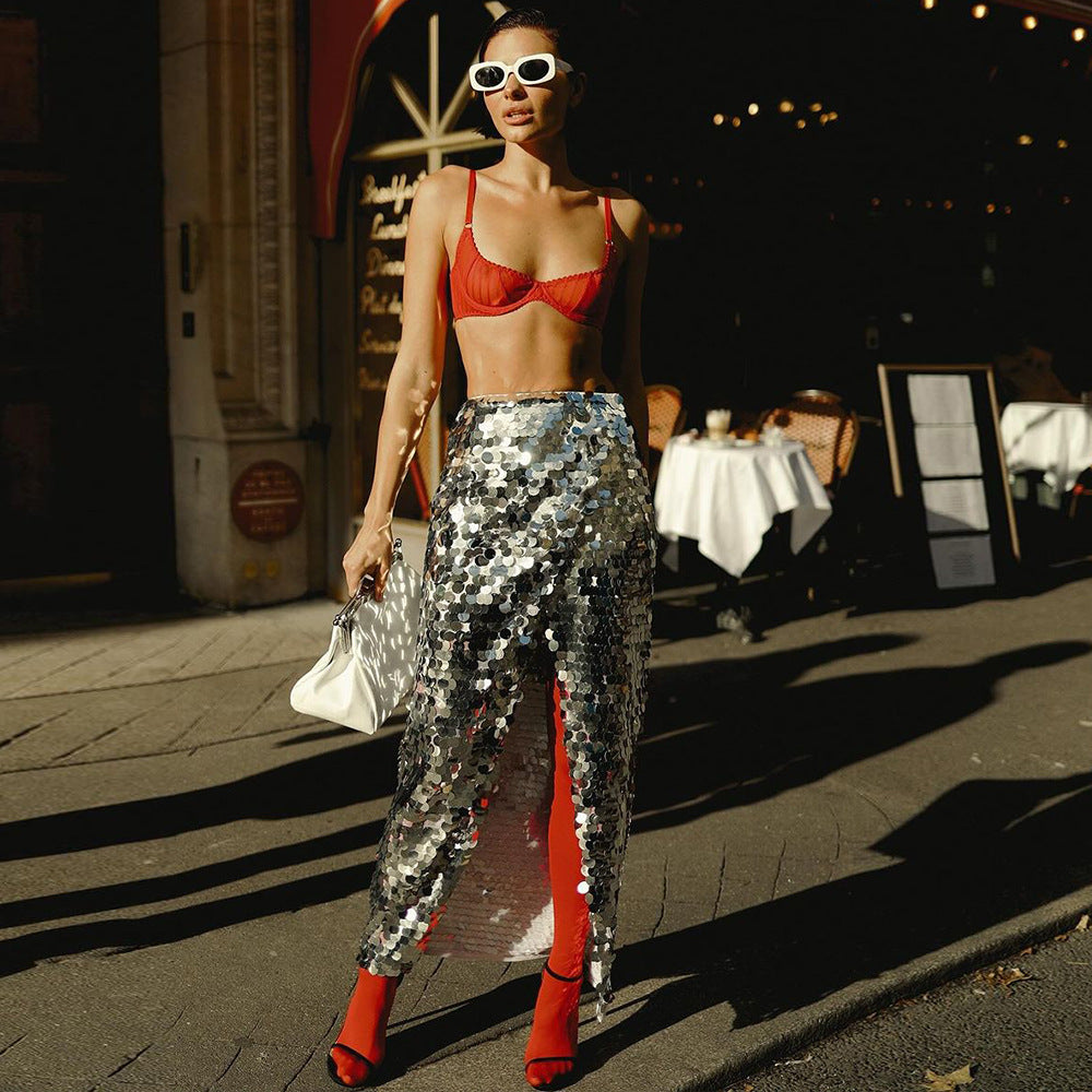 KKBOXLY sequined skirt New autumn and winter new 2025 trend bead skirt fashion split skirt women