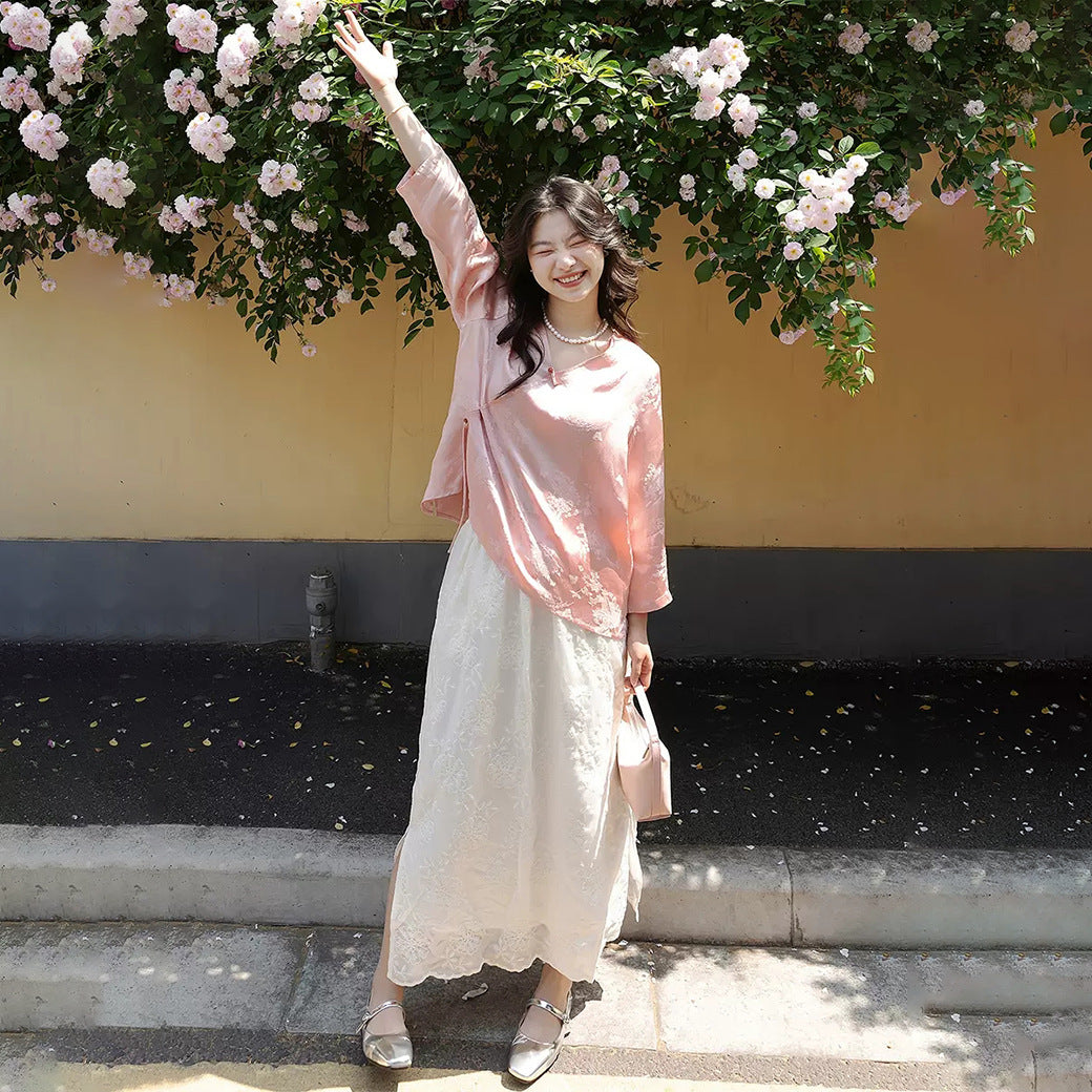 New Chinese-style women's summer, suit skirt summer women's two-piece set, pink satin shirt B0628 Chinese skirt