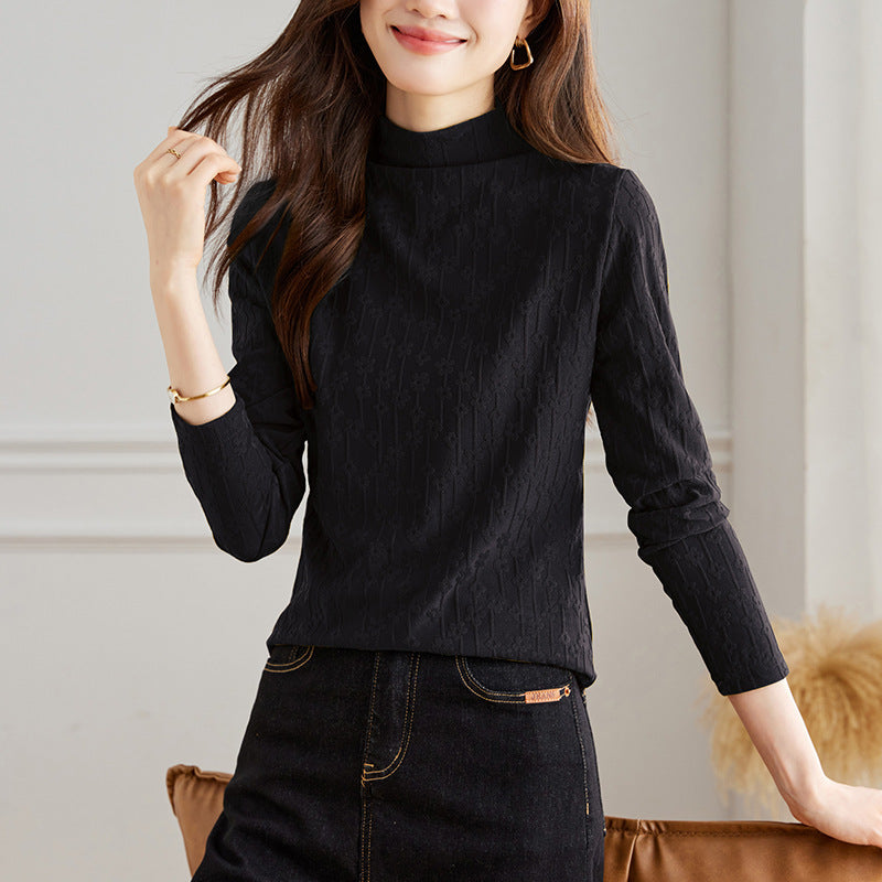 direct sales velvet semi-turtleneck lace women's autumn and winter new long-sleeved high-end Popular-style bottoming shirt