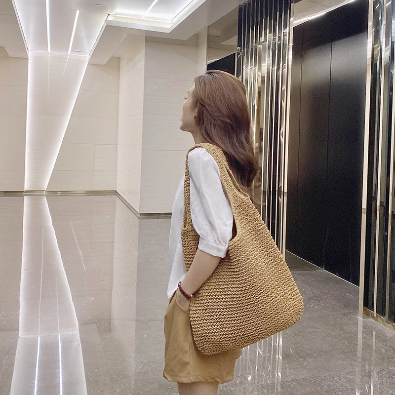 VLOVELAW Commuter Woven Bag Shoulder Bag Spring New Mori Artistic Straw Korean Style Portable Retro Large Capacity