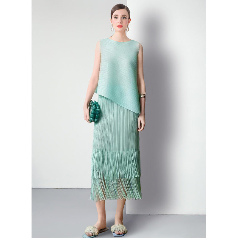 Miyake fashion pleated suit women's summer style Popular style sweet irregular vest top fringed skirt two-piece set