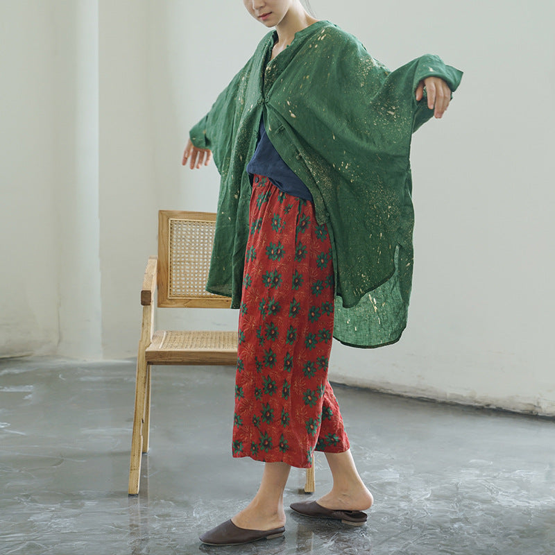 retro art splash ink printing linen Chinese loose coat, Guochao placket silhouette shirt S22293
