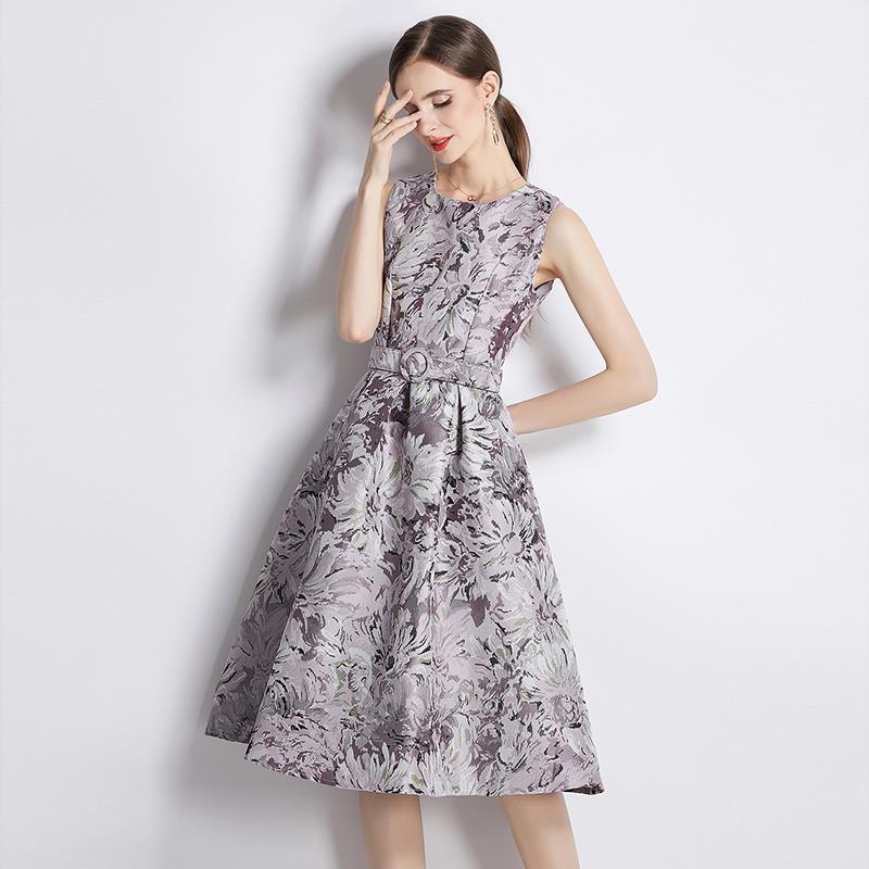 Popularan station women's clothing spring and summer new women's clothing retro sleeveless jacquard dress slim A-shaped skirt