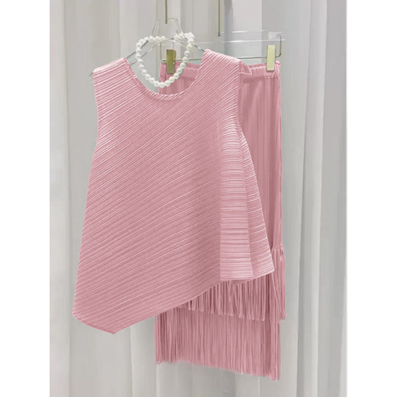 Miyake fashion pleated suit women's summer style Popular style sweet irregular vest top fringed skirt two-piece set