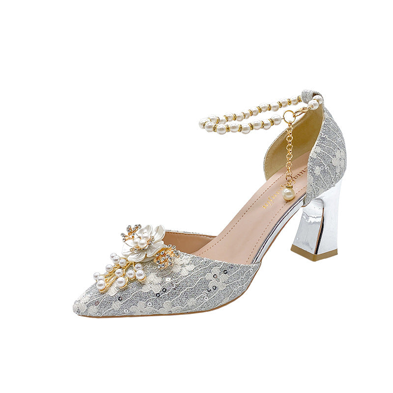 High Heel Wedding Shoes Women's Four Seasons New Lace-up Beaded Bride Toasting Xiuhe Wedding Dress Two-Way Wear Not Tired Women's Shoes