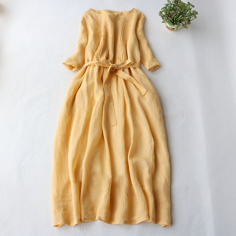 VLOVELAW Lace-up Waist-Controlled Slimming Half-Length Sleeve Dress Women's Summer New Cotton and Linen Art Elegant Organ Pleated Skirt