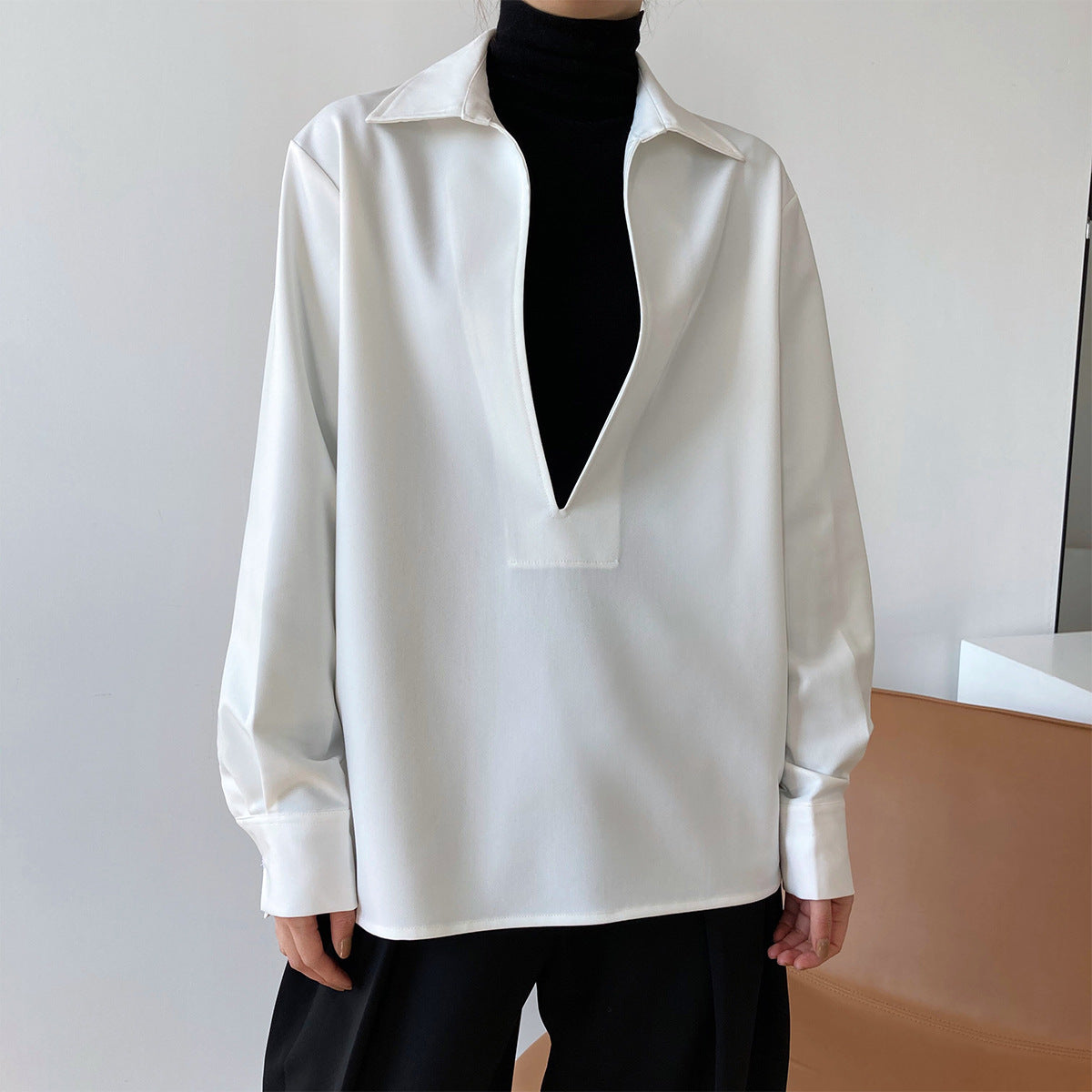 Luxi spring new design sense light ripe long-sleeved V-neck shirt women's fashion overlay top 677