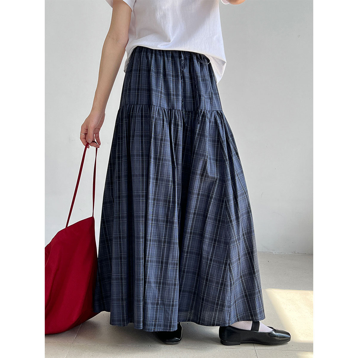 Luxi, plaid splicing skirt women's summer new elastic waist A-shaped skirt, large pendulum umbrella skirt, medium and long skirt 1875