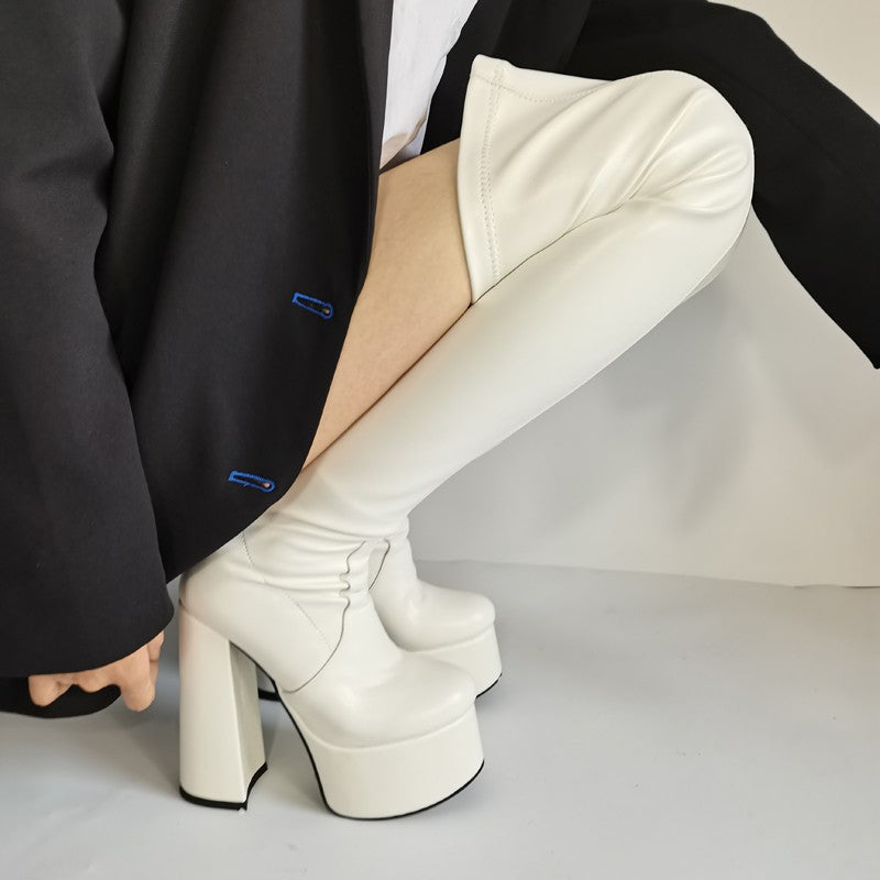 Cross-Border Foreign Trade Fashion New Chunky Heel Waterproof Platform Patent Leather round Toe High Heel White over-the-Knee Boots plus Size Women's Boots 45