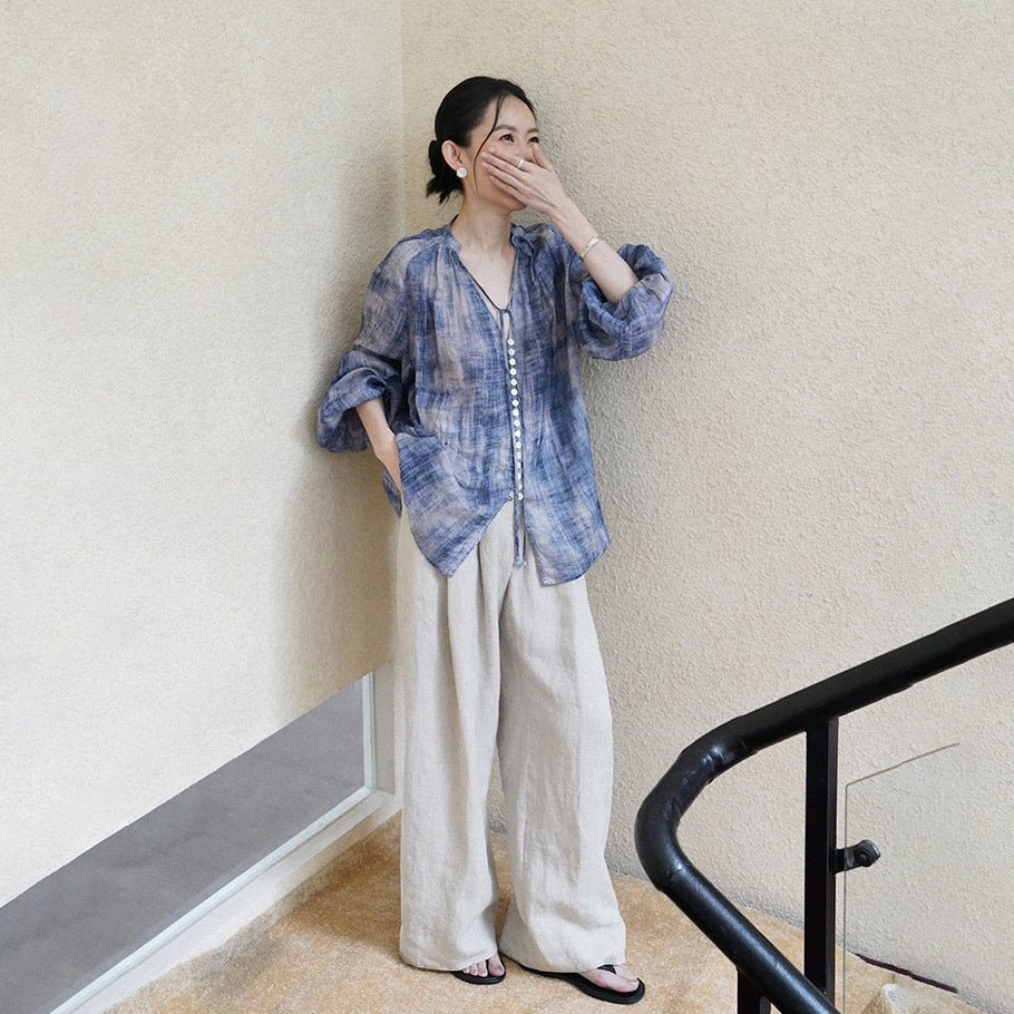 Ramie top high-end, summer ink smudge sunscreen Ramie shirt, thin linen wide-leg pants A0312