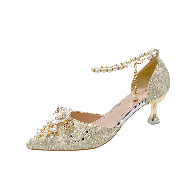 High Heel Wedding Shoes Women's Four Seasons New Lace-up Beaded Bride Toasting Xiuhe Wedding Dress Two-Way Wear Not Tired Women's Shoes