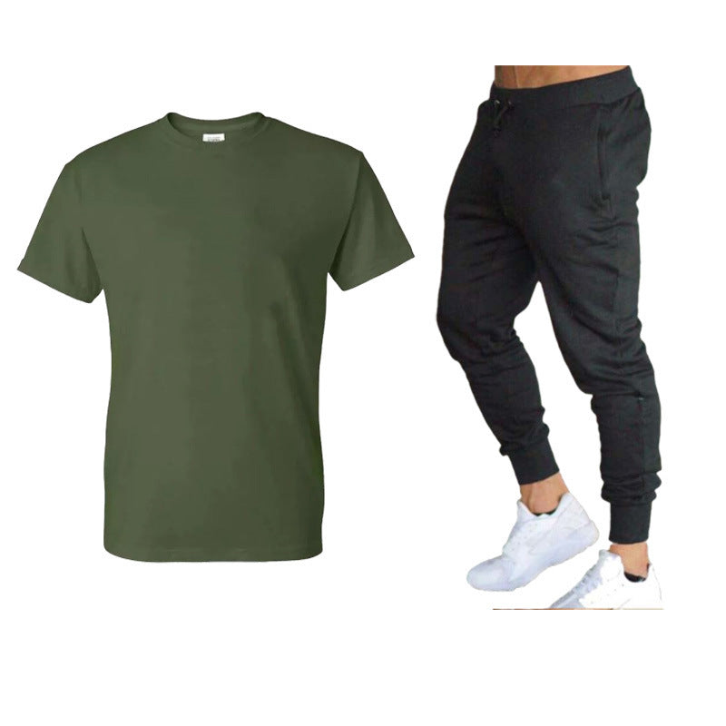 VLOVELAW Summer Men's Solid Color Simple Set Crew Neck Cotton T-Shirt + Trousers Fashion Hundred. Match Two-piece Set
