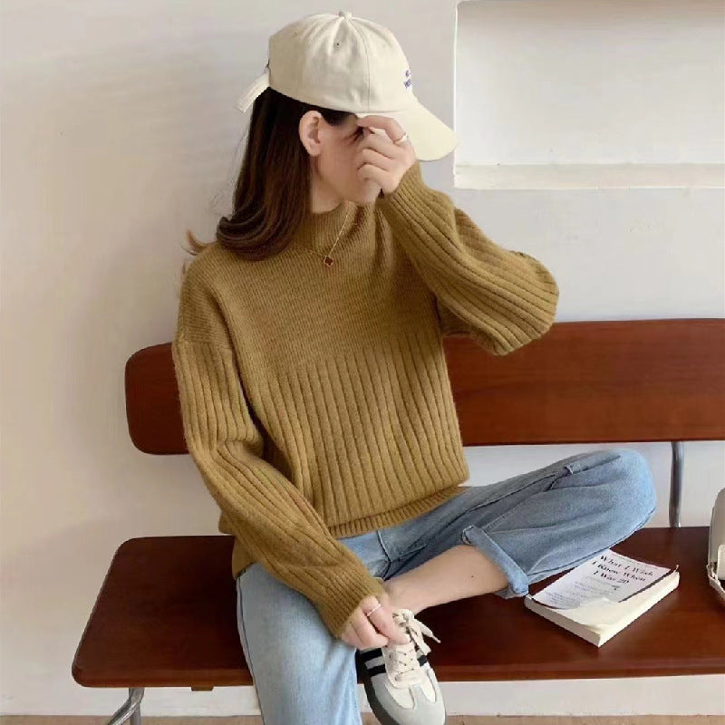 VLOVELAW Casual style knitted bottoming sweater women's New autumn and winter new loose solid color pit strip semi-turtleneck knitted sweater top