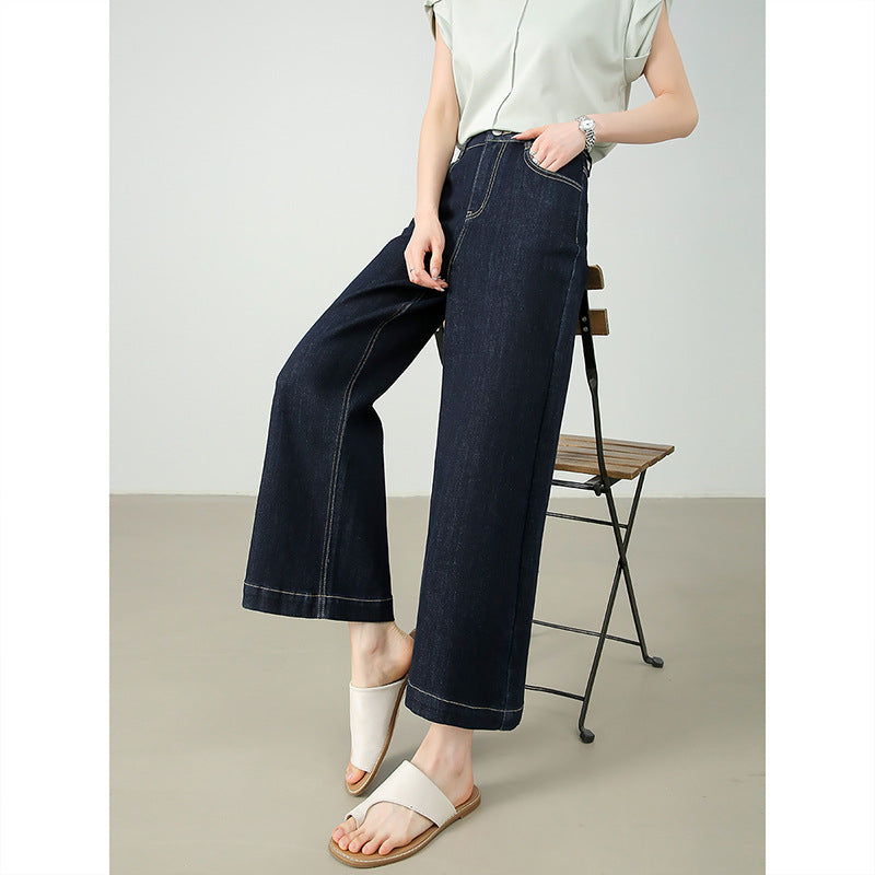 2025 Retro dark blue nine-point jeans women's summer and autumn new daily commuting style versatile high-waisted wide-leg Yamamoto pants