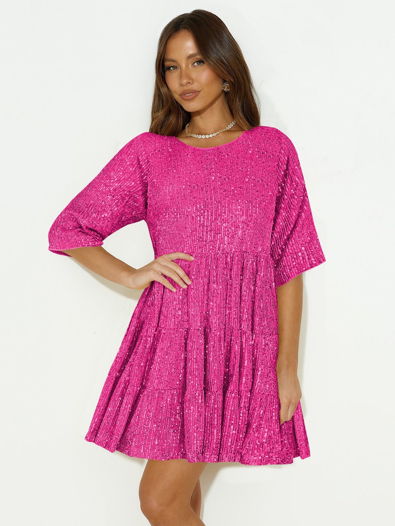 XIEYINSHE Europe and America Cross Border Foreign Trade Popular Style Fashion Pure Color Sequins Loose Waist Short Sleeve Swing Skirt Dress