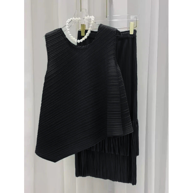 Miyake fashion pleated suit women's summer style Popular style sweet irregular vest top fringed skirt two-piece set