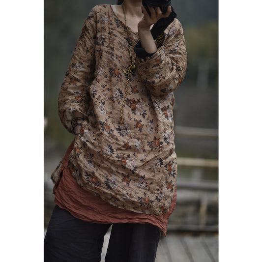 2025  23/4/Tea Ancient/Spring and Summer Literary Retro Ramie Printed Crew Neck Pullover Shoulder Medium Long Shirt