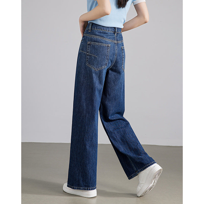 2025 Spring and Autumn New Retro Hong Kong Style Straight Jeans Women's Skinny High Waist Pure Cotton Breathable Comfortable Blue Casual Pants