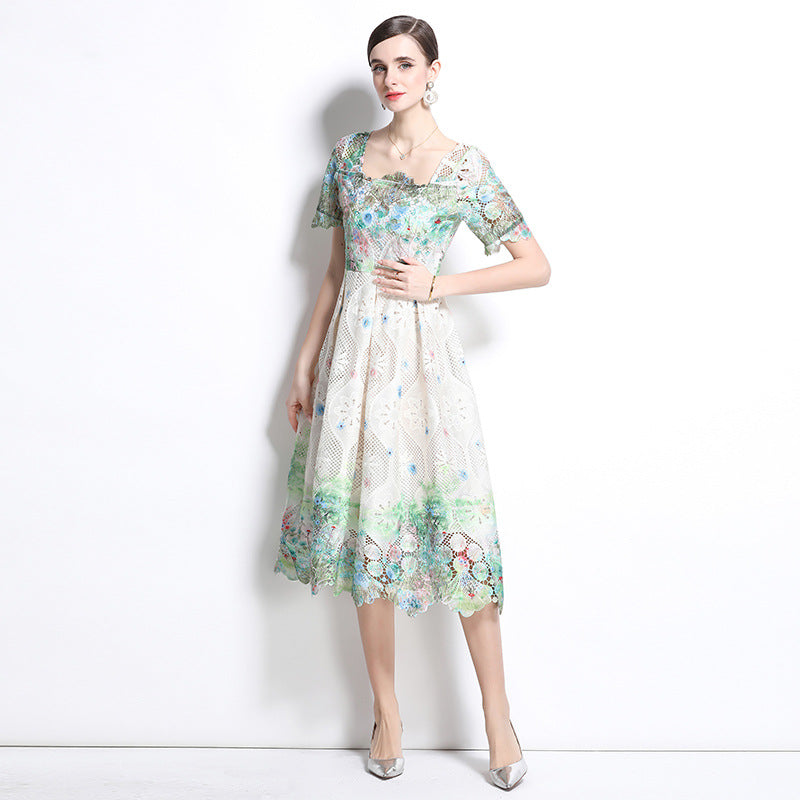 Medium and long hollow water-soluble lace dress women's short-sleeved spring and summer new slim-fit temperament high-end skirt