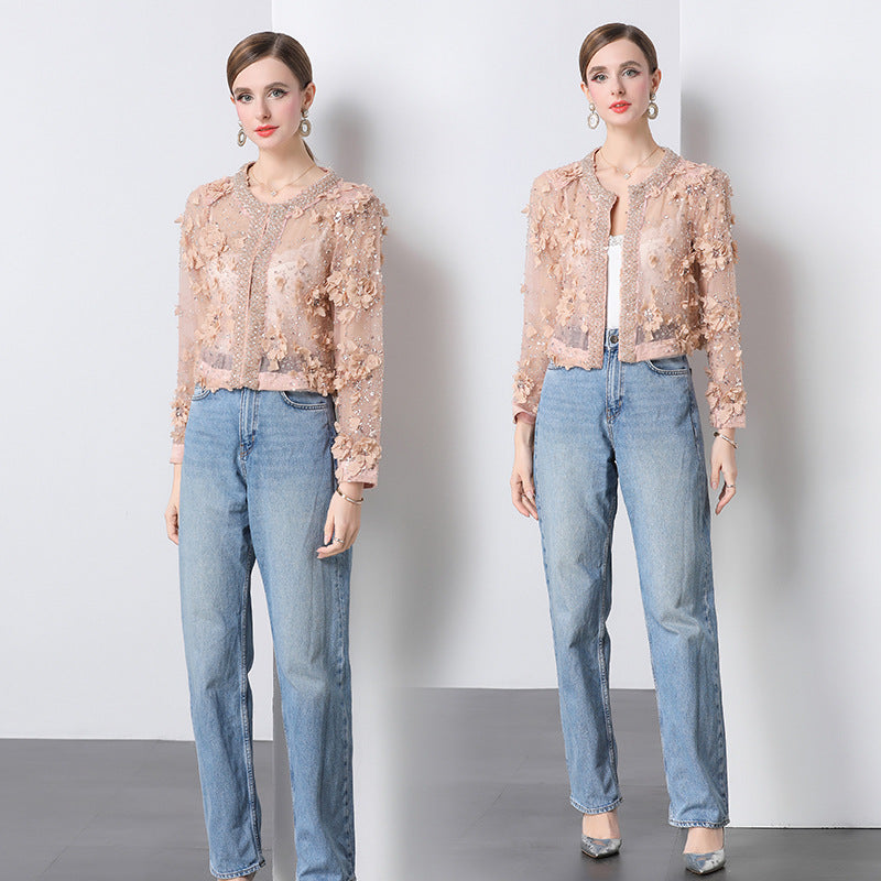 light luxury high-end heavy industry nail drill three-dimensional flower new Chinese Xiaoxiang short jacket sunscreen shirt top women