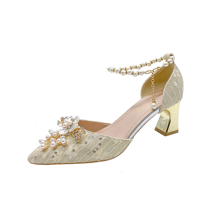 High Heel Wedding Shoes Women's Four Seasons New Lace-up Beaded Bride Toasting Xiuhe Wedding Dress Two-Way Wear Not Tired Women's Shoes