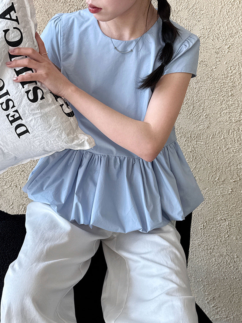 Luxi, temperament versatile splicing pleated hem lace T-shirt spring and summer new simple niche top short sleeve 8739