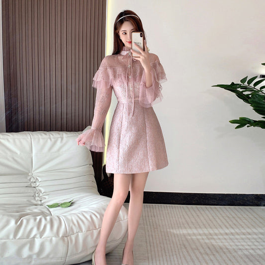 Light temperament fashion dress female  celebrity heavy industry mesh embroidery high-end jacquard slim skirt