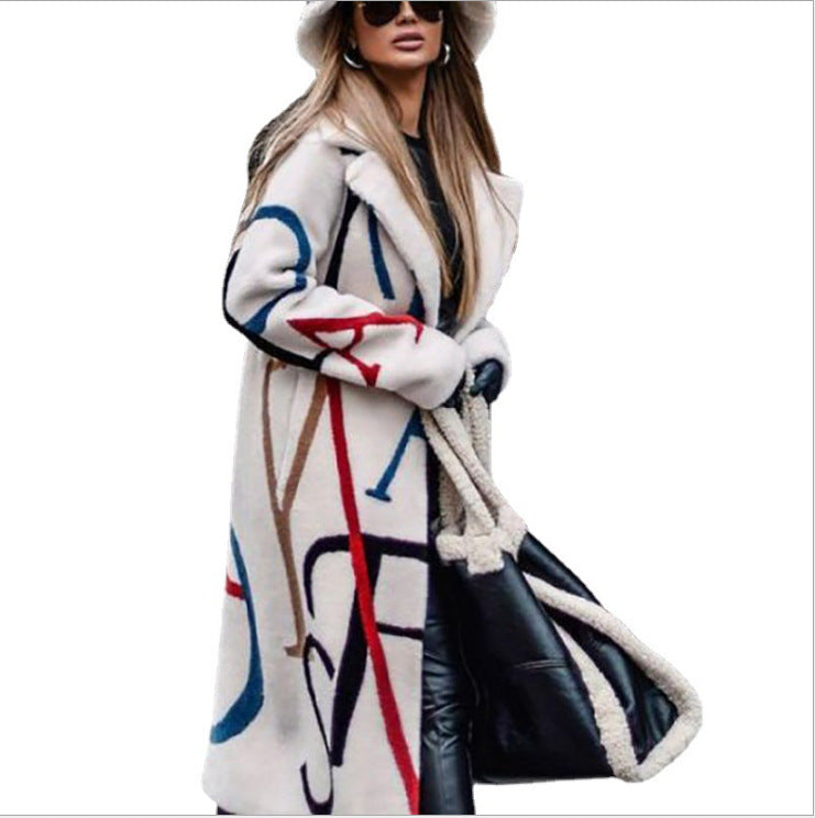 In stock! New autumn and winter new women's clothing loose large size printed trench coat lapel coat coat women
