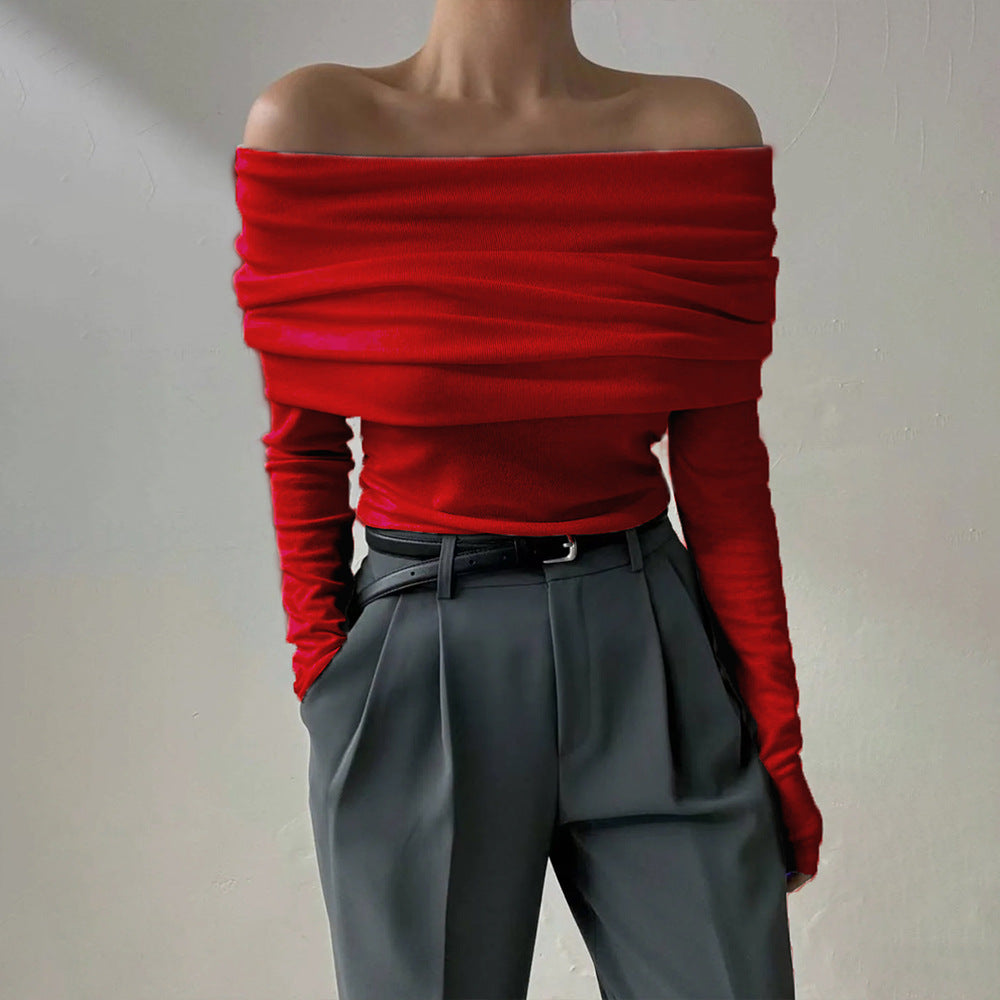 VLOVELAW 2025 New new 2025 style one-word shoulder temperament open shoulder design sense slim and thin chest-wrapped knitted sweater women