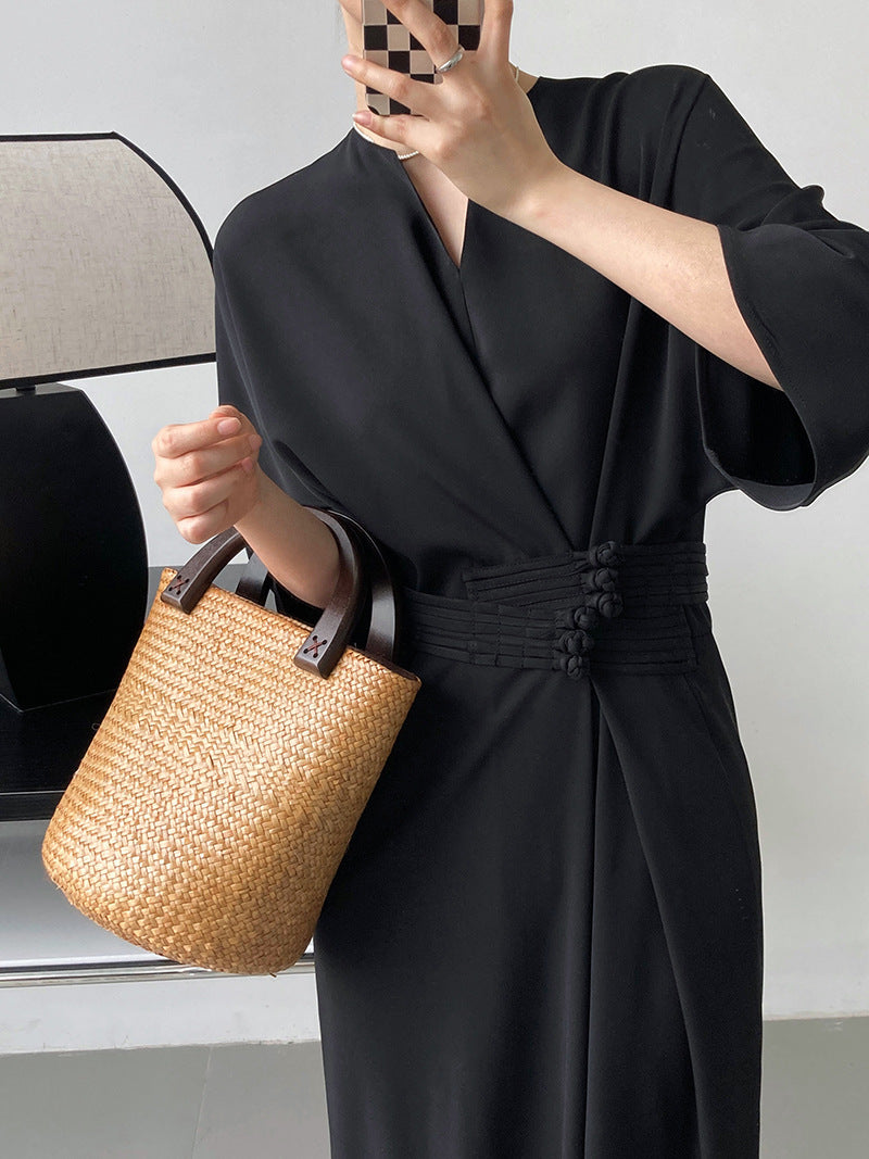 Luxi, temperament high-grade buckle waist strap straight dress, new Chinese style improved long skirt 3030