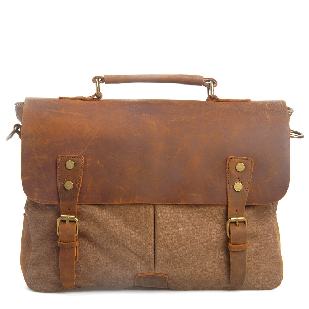 VLOVELAW 2025 Muchuan cloth bag, genuine leather with canvas with genuine leather, 2025 retro mailman bag, one-shoulder messenger bag, portable briefcase.