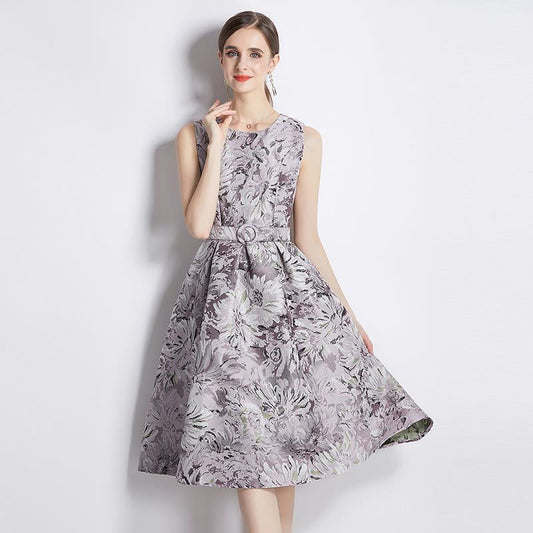 Popularan station women's clothing  spring and summer new women's clothing retro sleeveless jacquard dress slim A-shaped skirt