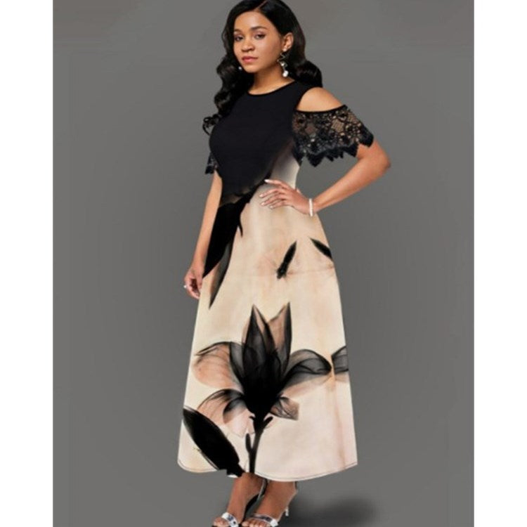 vlovelaw Plus Size Boho Dress, Women's Plus Colorblock Floral Print Contrast Mesh Long Sleeve Round Neck Maxi Dress