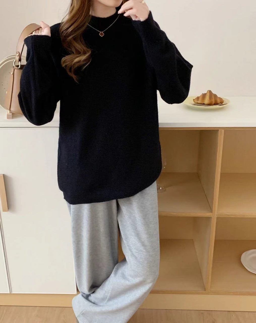 VLOVELAW Semi-turtleneck sweater women's autumn and winter New new loose retro lazy style solid color pullover soft waxy thickened knitted sweater