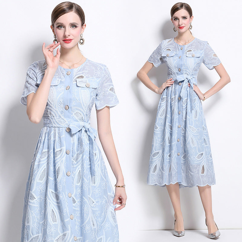 Summer retro heavy industry hollow embroidery round neck waist short sleeve dress women's thin single-breasted long skirt