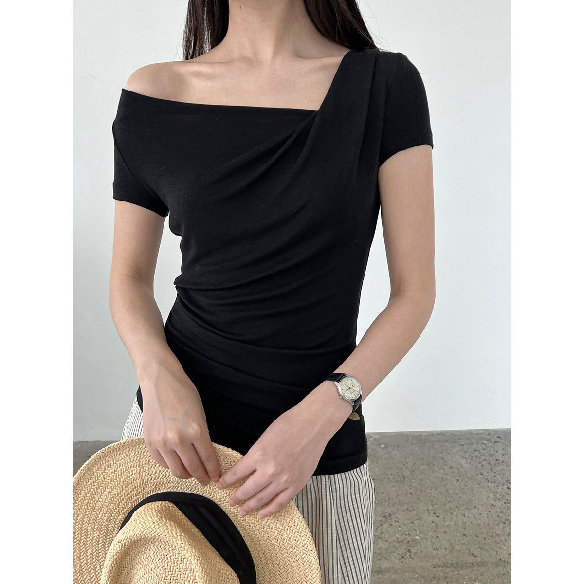 Luxi slanted shoulder swing neck short-sleeved T-shirt women's summer silk wool soft waxy light slim slim top 2699