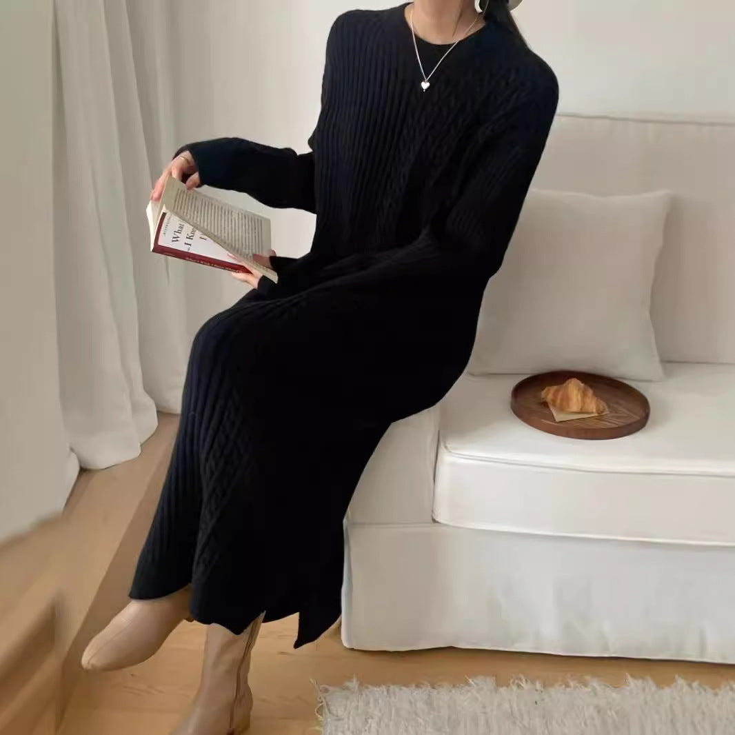 VLOVELAW retro crew neck twist knitted dress women's autumn and winter loose with coat sweater skirt with bottom long dress