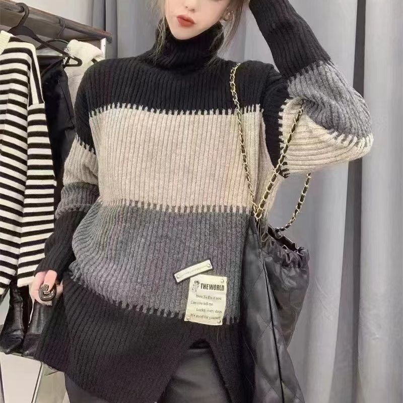 VLOVELAW Real shot striped color matching turtleneck pit strip sweater women's autumn and winter new loose lazy thickened split bottom knitted sweater
