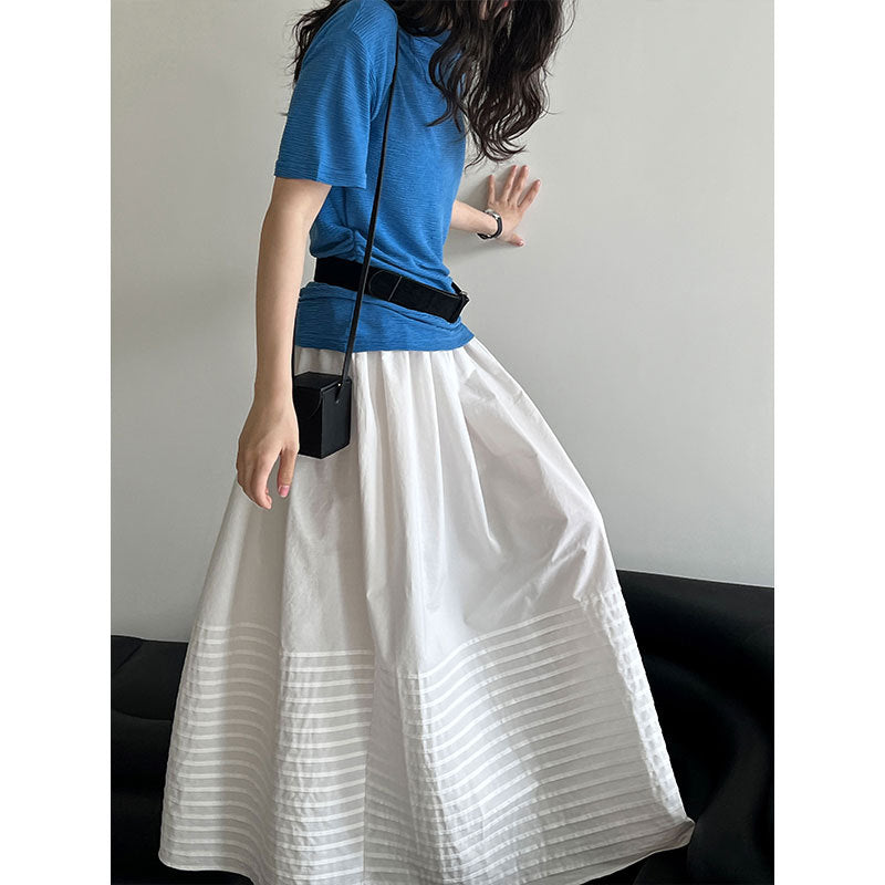 Luxi, Korean simple straight striped pleated skirt for women's summer new heavy industry high-waisted A-shaped umbrella skirt 3591