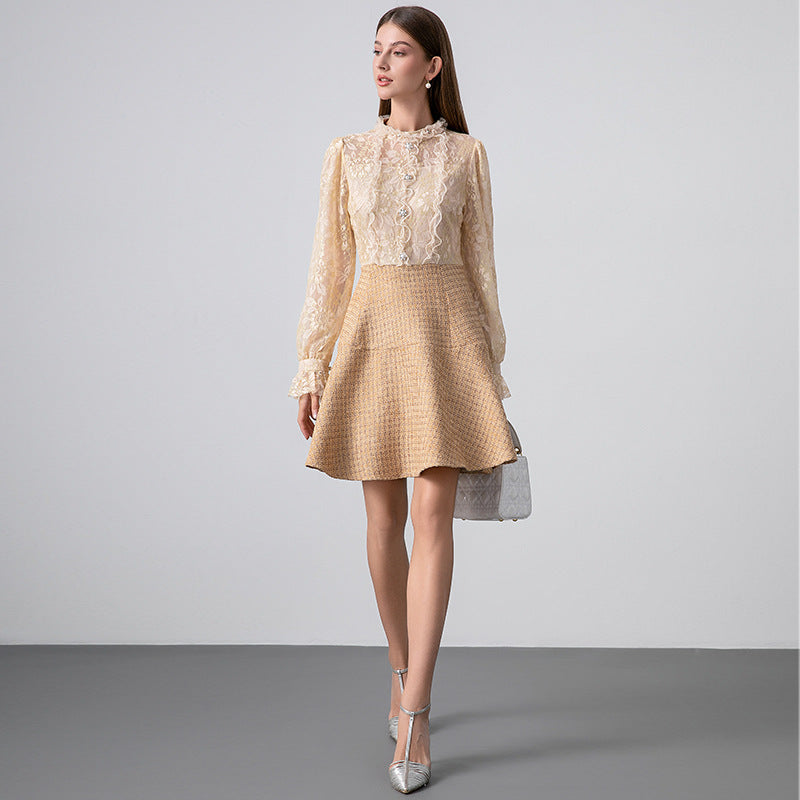 Lace shirt dress women popular autumn and winter socialite lady sweet temperament fake two A-shaped dress