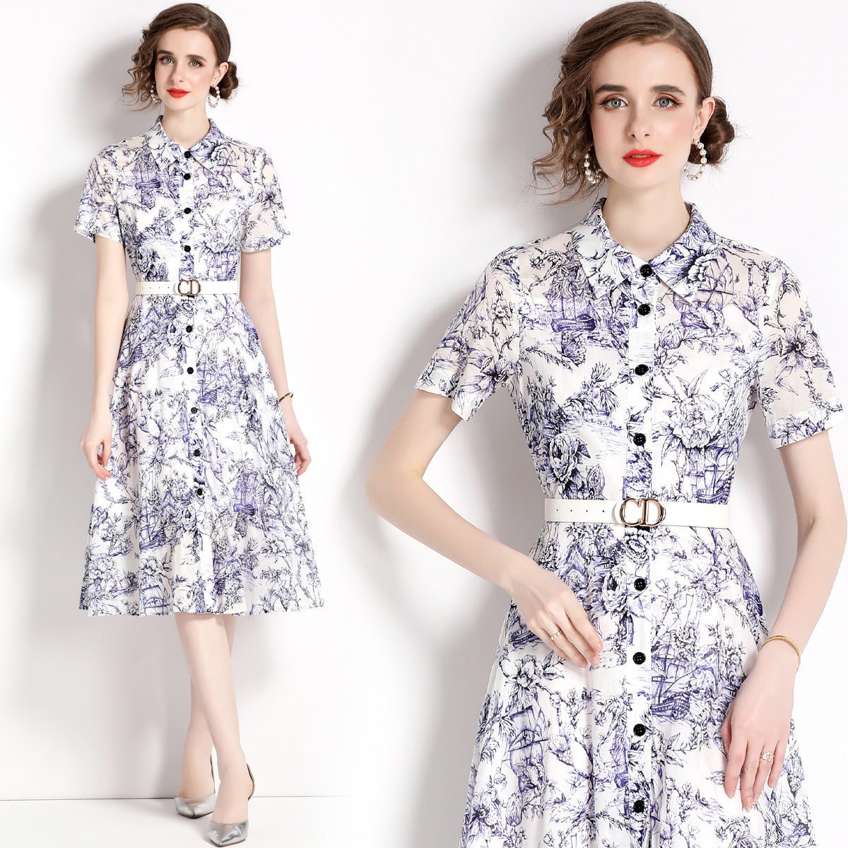 Medium and long shirt shirt skirt women's popular summer new retro lapel single-breasted printed lace-up dress
